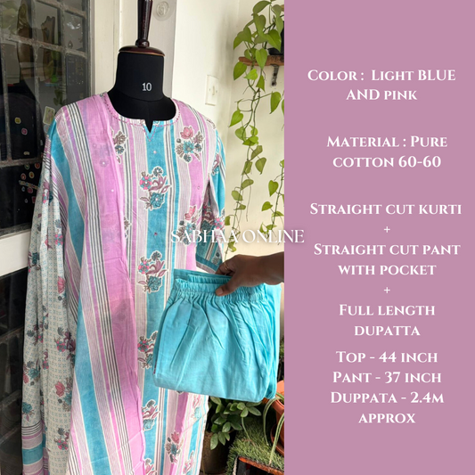 Sophia - Blue and Pink Cotton kurti 3pc set