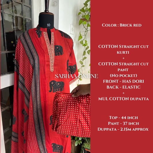 Haathi - Brick Red Cotton Kurti 3pc set