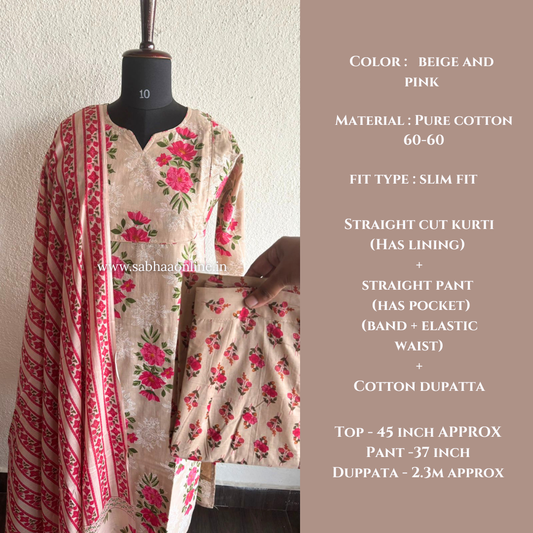 Anne - Beige and Pink Cotton kurti 3pc set with lining (Slim fit)- LN 46