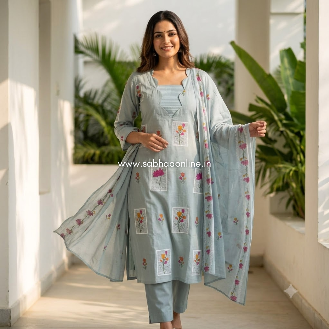 Idah - Pale Ice Blue Cotton kurti 3pc set with lining - LN 74