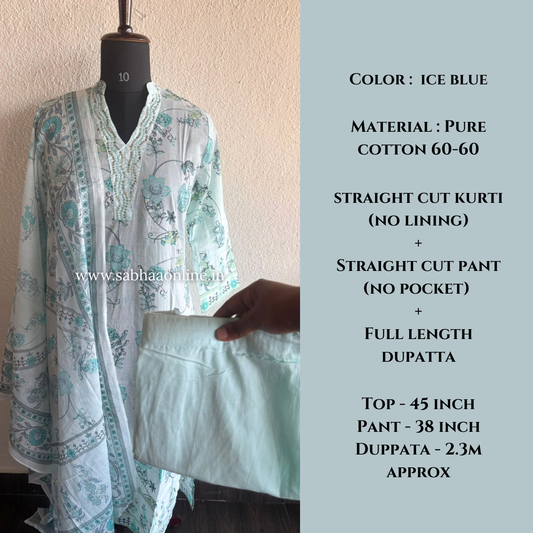 Avanti - Ice Blue Premium Cotton kurti 3pc set - LN 51