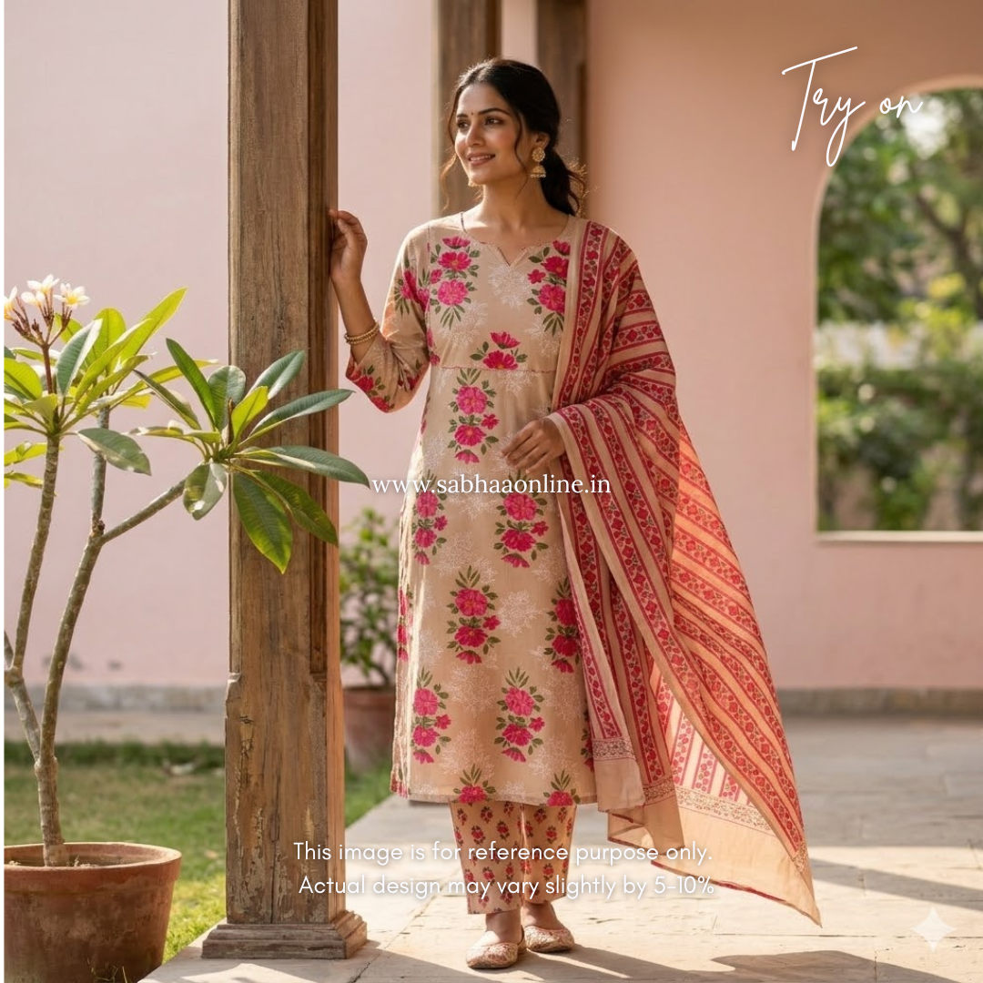 Anne - Beige and Pink Cotton kurti 3pc set with lining (Slim fit)- LN 46