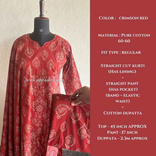 Agatha - Crimson Red Cotton Kurti 3pc set with lining - LN 46