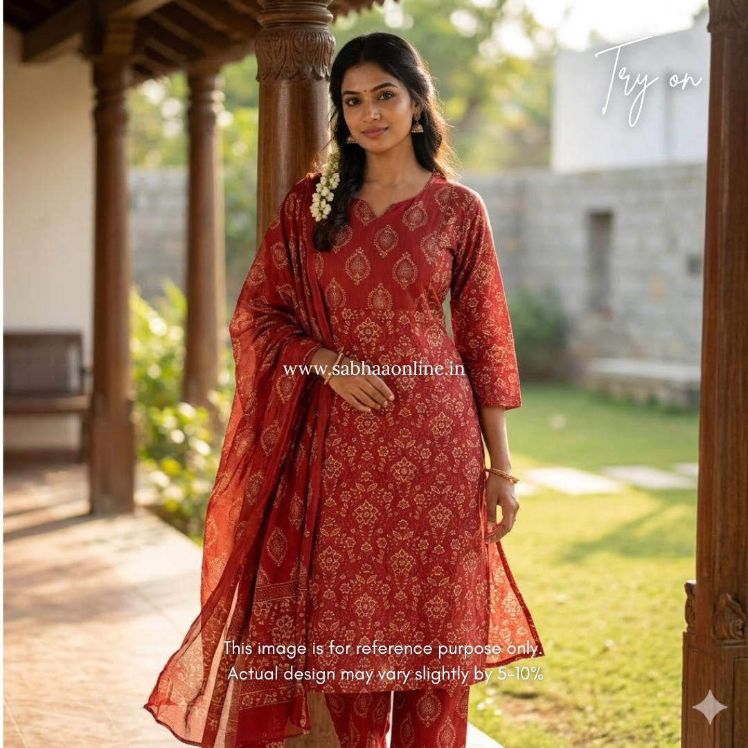 Agatha - Crimson Red Cotton Kurti 3pc set with lining - LN 46