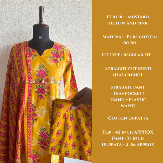 Anne - Yellow and Pink Cotton Kurti 3pc set with lining - LN 46
