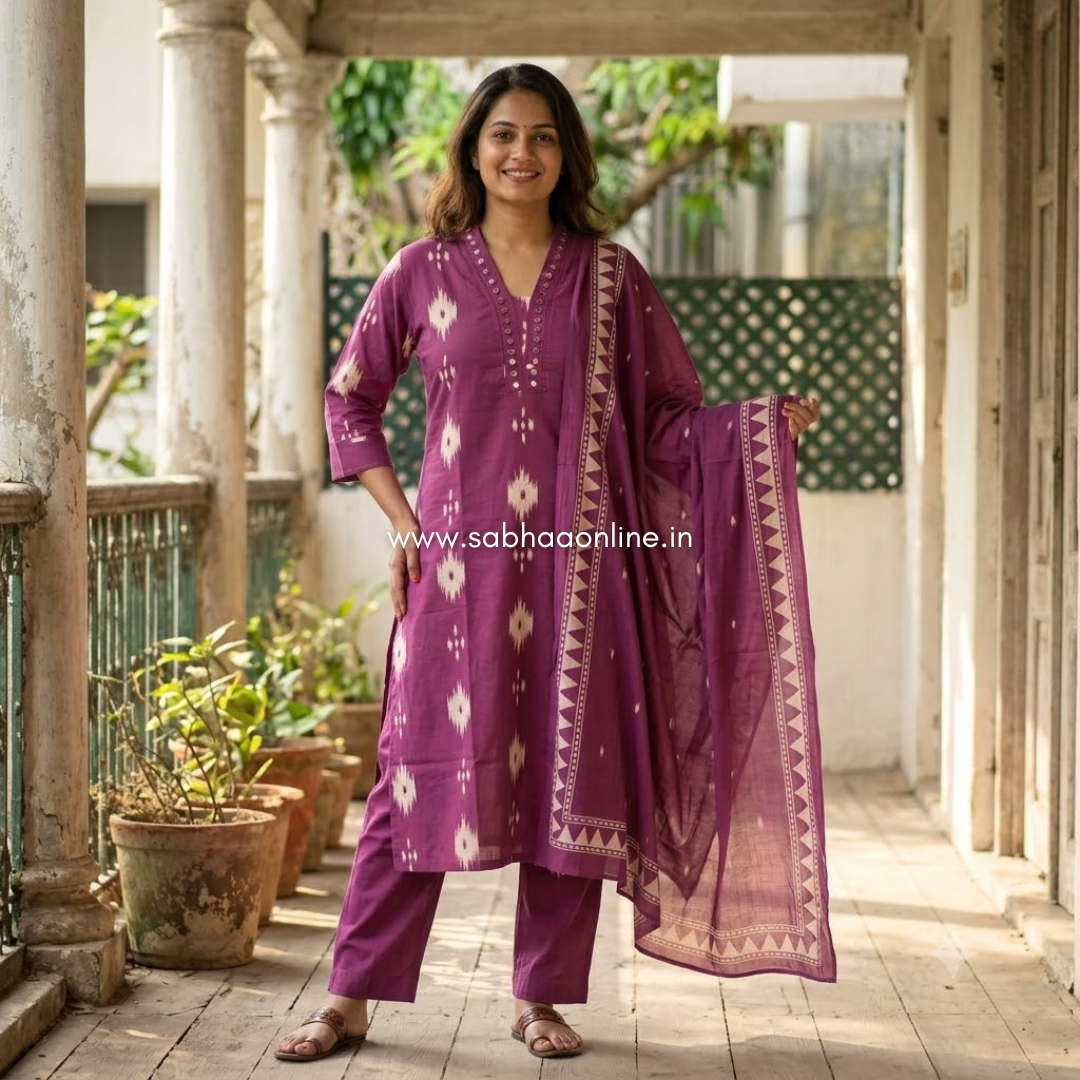 Greeshma - Plum Ikkat Cotton kurti 3pc set with lining - LN 74