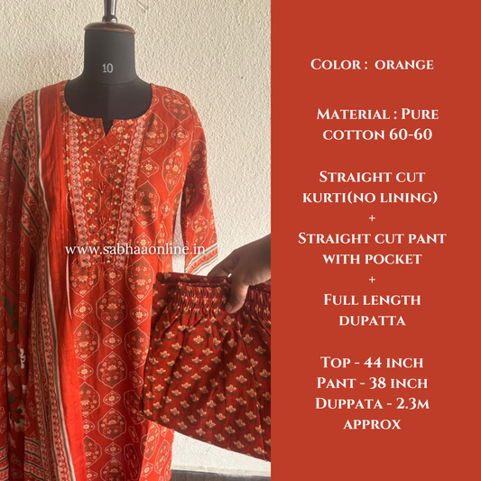 Sreshta - Orange Cotton Kurti 3pc set - LN 54