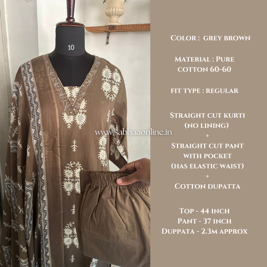 Sujana - Grey Brown Cotton kurti 3pc set - LN23