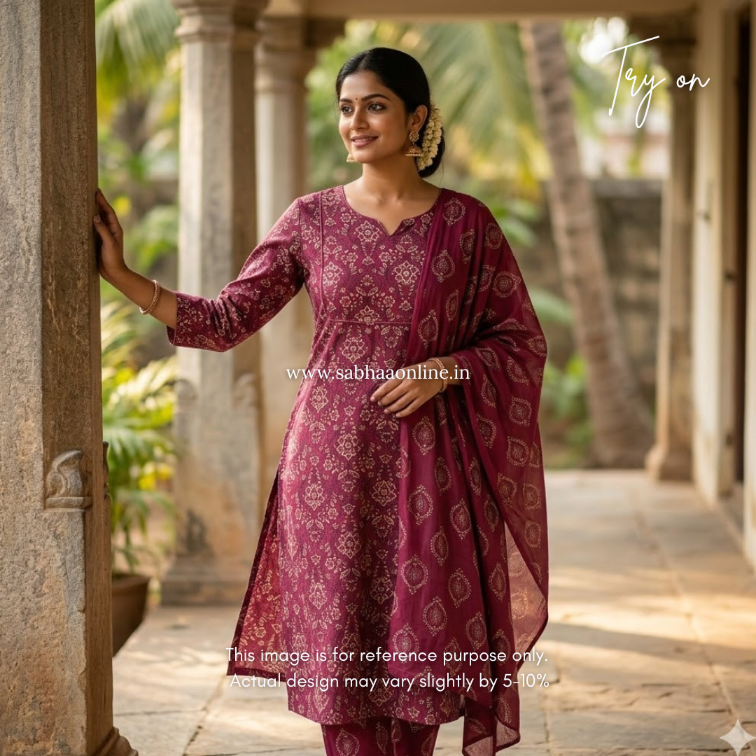 Agatha - Wine Cotton Kurti 3pc set with lining - LN 46