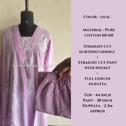 Michelle - Lilac Cotton kurti 3pc set - LN 54