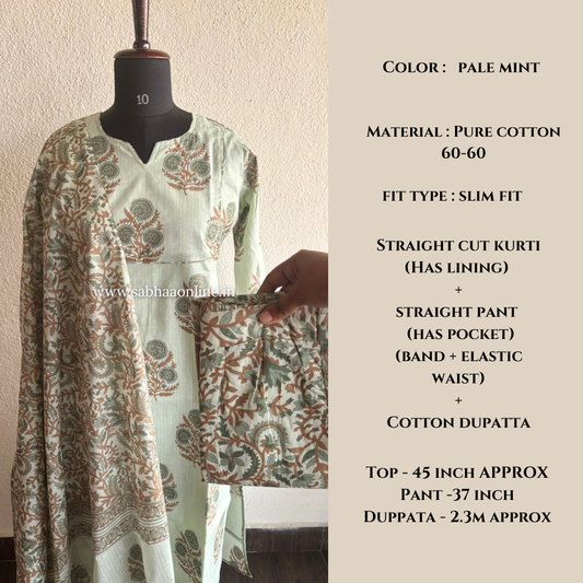 Nayeema - Pale Mint Cotton Kurti 3pc set with lining (Slim fit)- LN 46