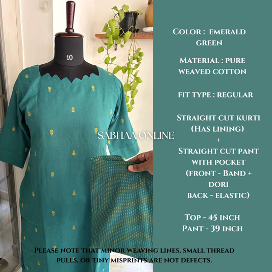Prasanna - Emerald green Weaved Cotton kurti pant set (with lining ) - LN10