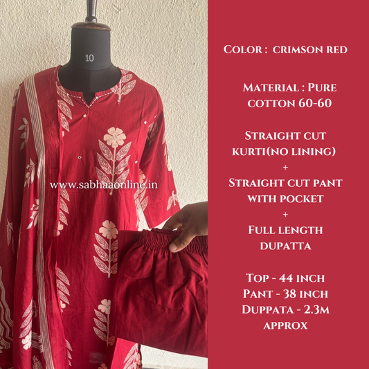 Dithya - Red Cotton Kurti 3pc set - LN 54