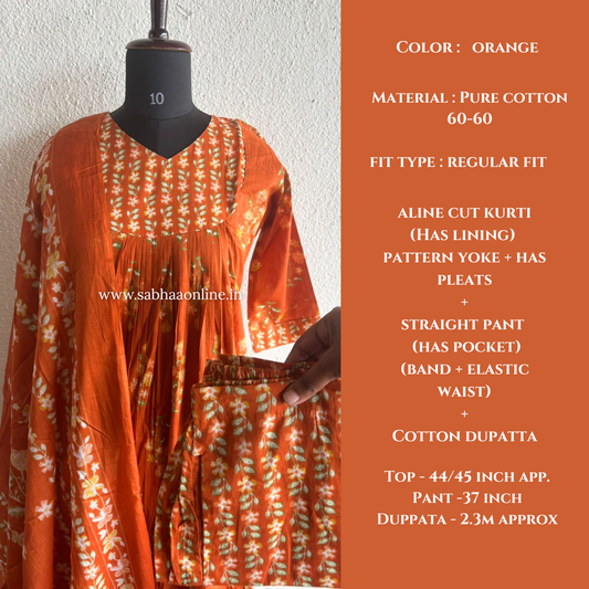 Laila - Orange Aline Cotton kurti 3pc set with lining - LN 52