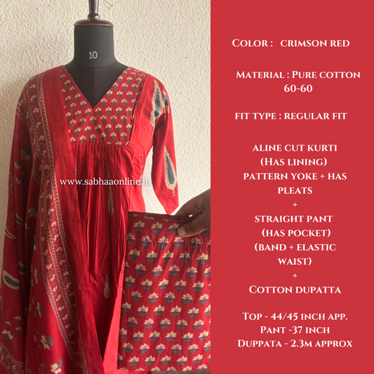 Siyara - Crimson Red Aline Cotton Kurti 3pc set with lining - LN 52