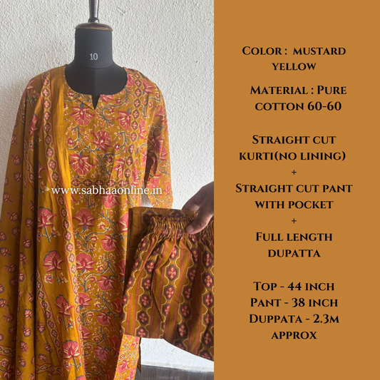 Mugdha - Mustard Yellow Cotton kurti 3pc set - LN 54