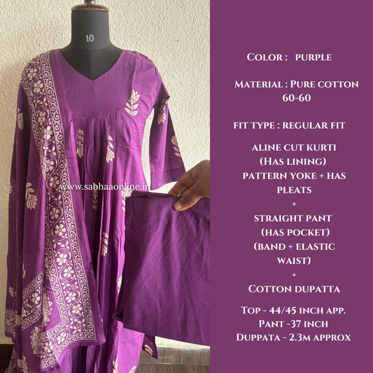 Lyla - Purple Aline Cotton kurti 3pc set with lining - LN 52