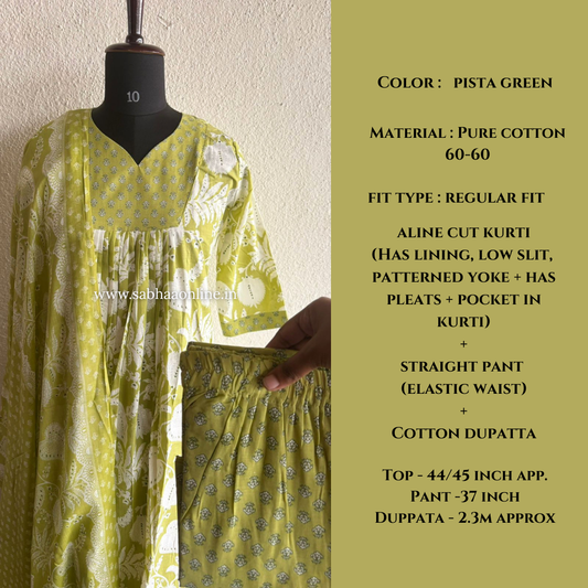 Raina - Pista Green Aline Cotton kurti 3pc set with lining - LN 52