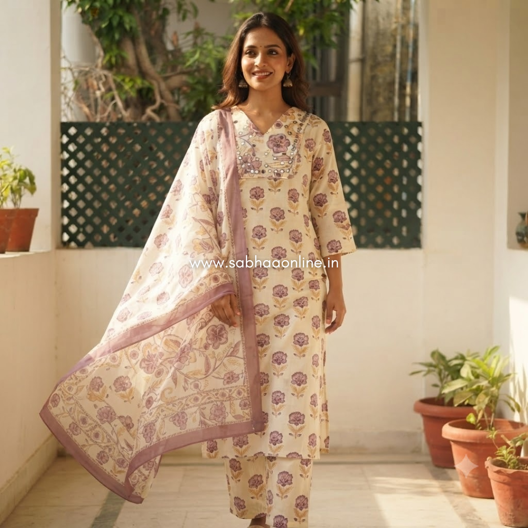 Emily - Creamish white and lavendar Cotton kurti 3pc set with lining (Slim fit) - LN 76