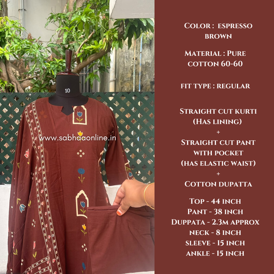 Jannat - Espresso Brown Tulip Cotton kurti 3pc set with lining - LN 76