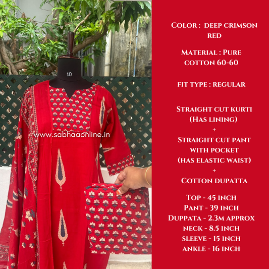 Aadhya - Deep Crimson red Cotton kurti 3pc set with lining - LN 76