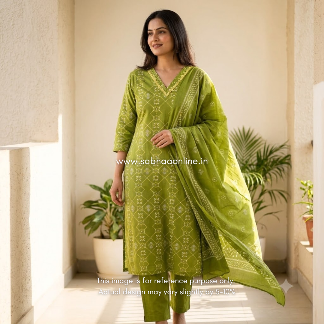 Sneha - Chartreuse green/light green Cotton kurti 3pc set with lining - LN 66