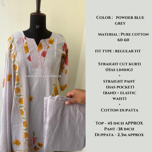 Joel - Powder Blue Grey Cotton kurti 3pc set with lining - LN 55