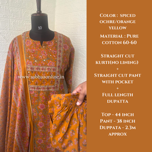 Sumaya - Ochre/Orangish yellow Cotton kurti 3pc set - LN 57