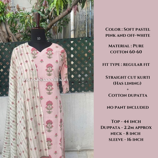 Celine - Pink checkered floral Cotton kurti with lining and dupatta (Size L only) - LN 70