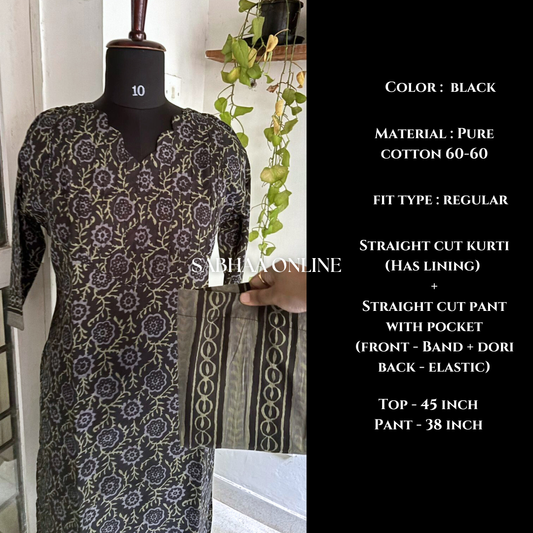 Raksha- Black Cotton Kurti pant set with lining (Only in Size 2XL 44)