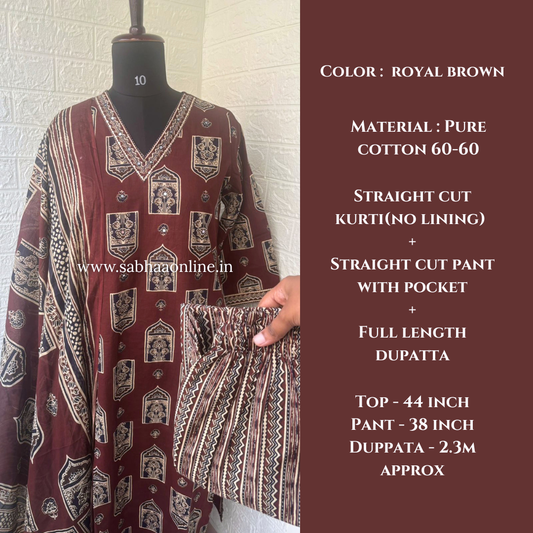 Aalam - Brown Cotton kurti 3pc set - LN 57