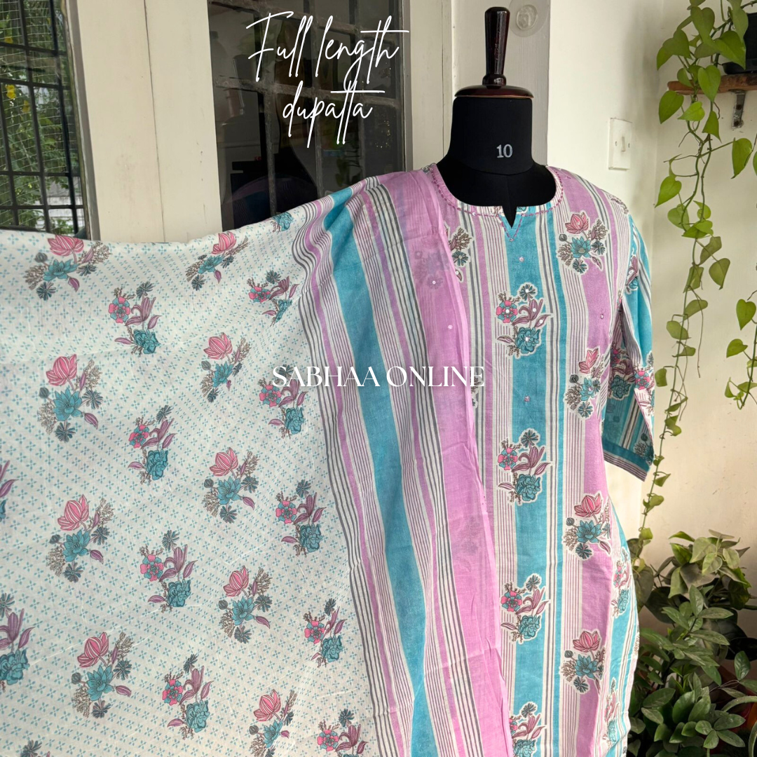 Sophia - Blue and Pink Cotton kurti 3pc set