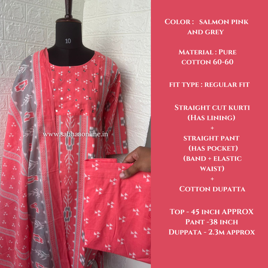 Samara - Salmon Pink and grey ikkat cotton kurti 3pc set with lining - LN 58