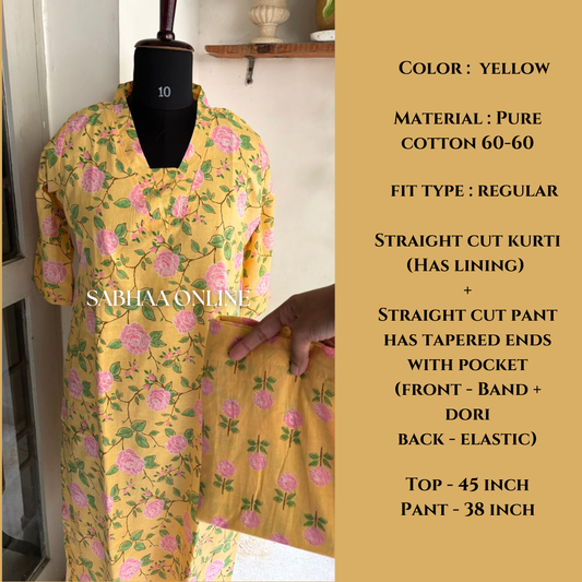 Nira - Yellow Cotton kurti pant set with lining - LN 21