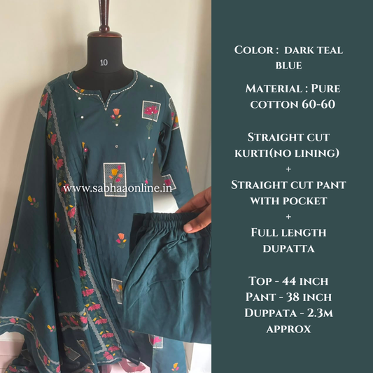 Rida - Deep teal blue cotton kurti 3pc set - LN 61