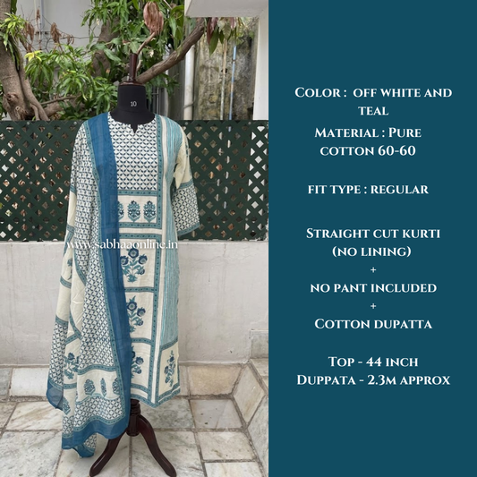 Iniya - Off white(peachy white) and Teal blue Cotton kurti +dupatta set (no lining)- No pant included