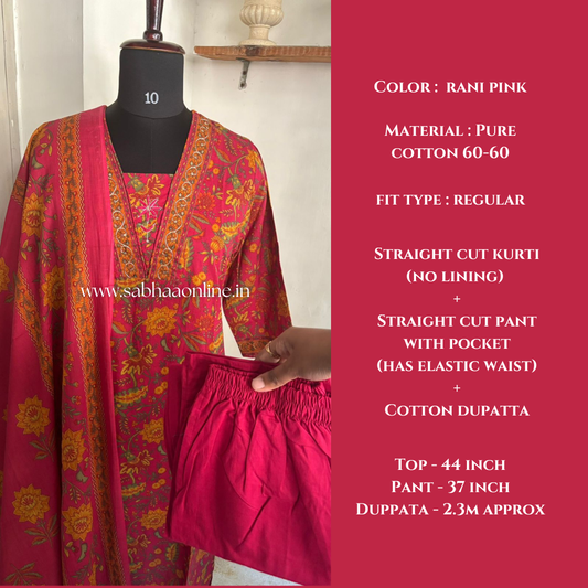 Parvati - Rani Pink Cotton Kurti 3pc set - LN 23