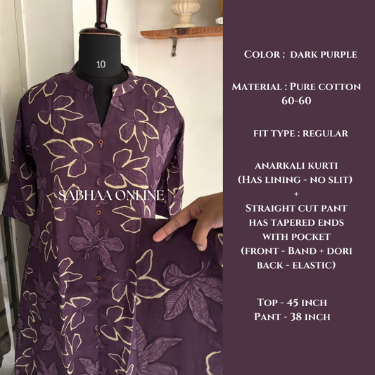Kural - Dark Purple Anarkali Cotton kurti pant set - LN 21