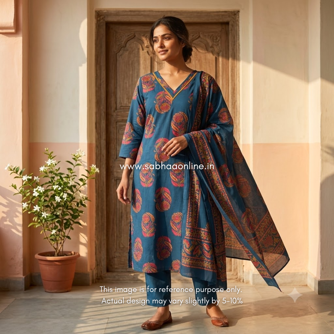 Amal - Navy Blue Cotton kurti 3pc set with lining - LN 66