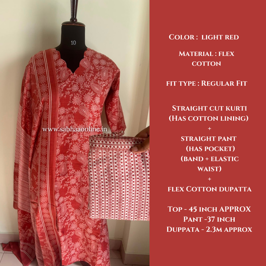 Soumya - Light Red Flex/Cambric Cotton kurti 3pc set with lining - LN 64