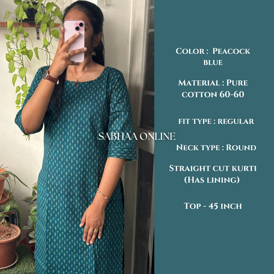 Peacock Blue Ikkat Cotton kurti with lining (Only in size 2XL 44)