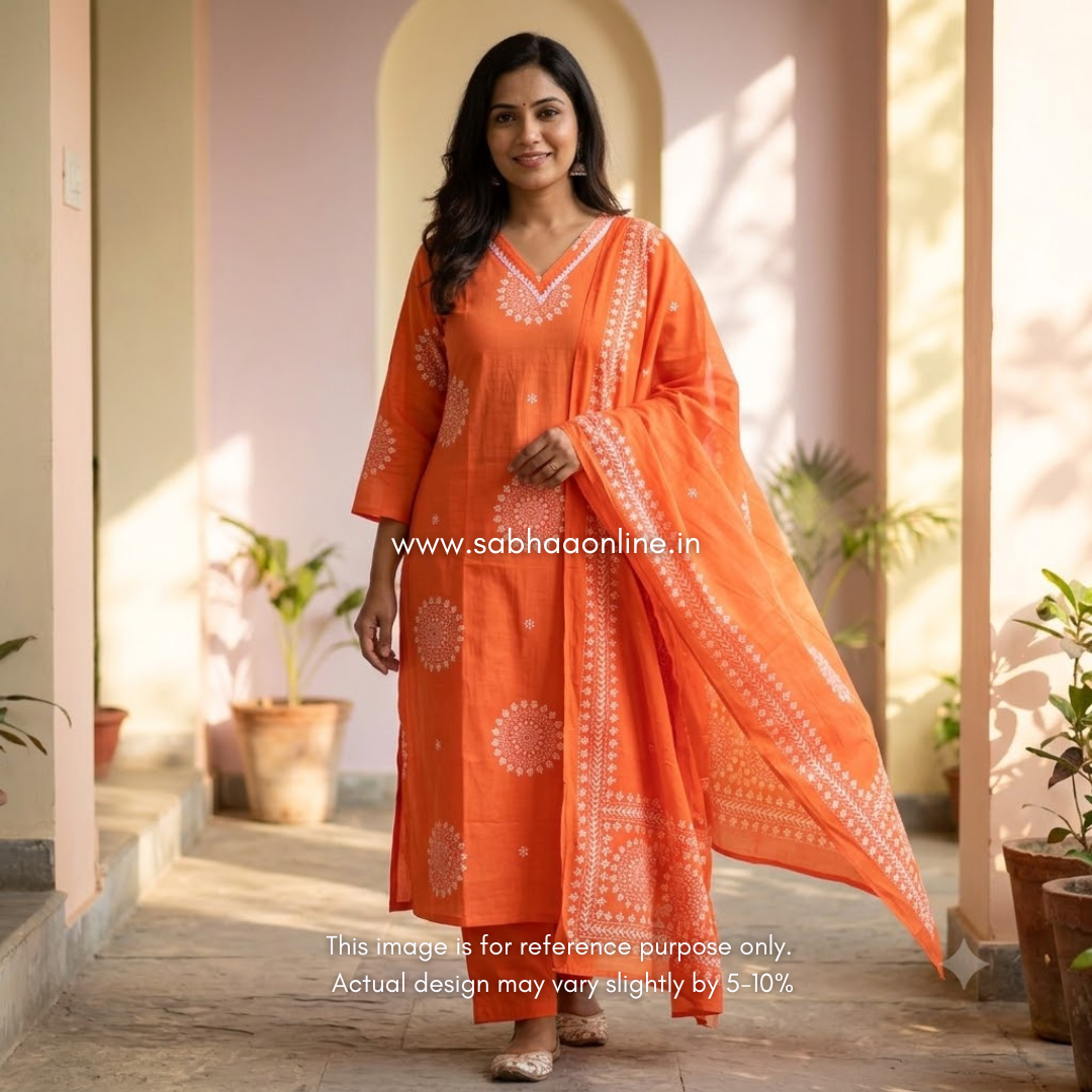 Tangerine - Bright Kesari Orange Cotton kurti 3pc set with lining - LN 66