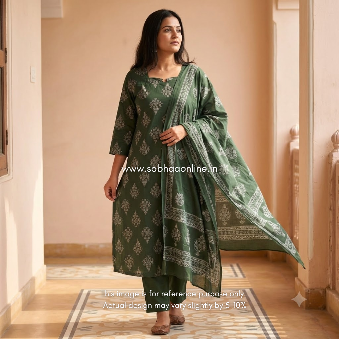 Ridhya - Forest Green Cotton kurti 3pc set with lining - LN 66