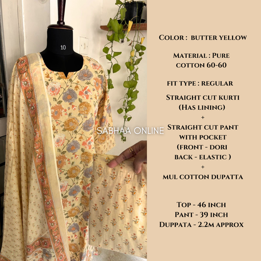 Benny - Butter Yellow Cotton Kurti 3pc set with lining - LN14
