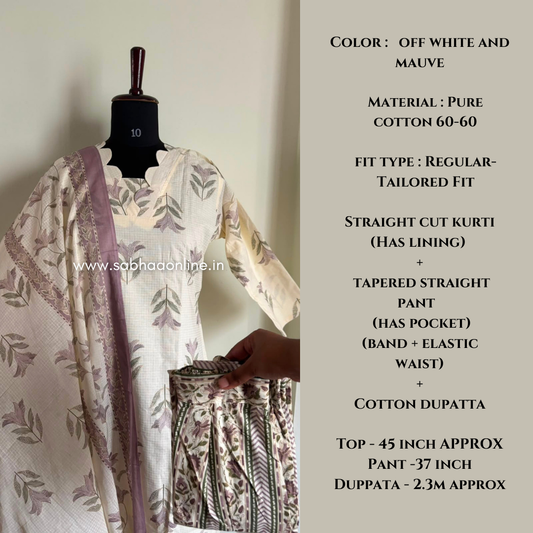 Imra - Off white and mauve cotton kurti 3pc set with lining - LN 66