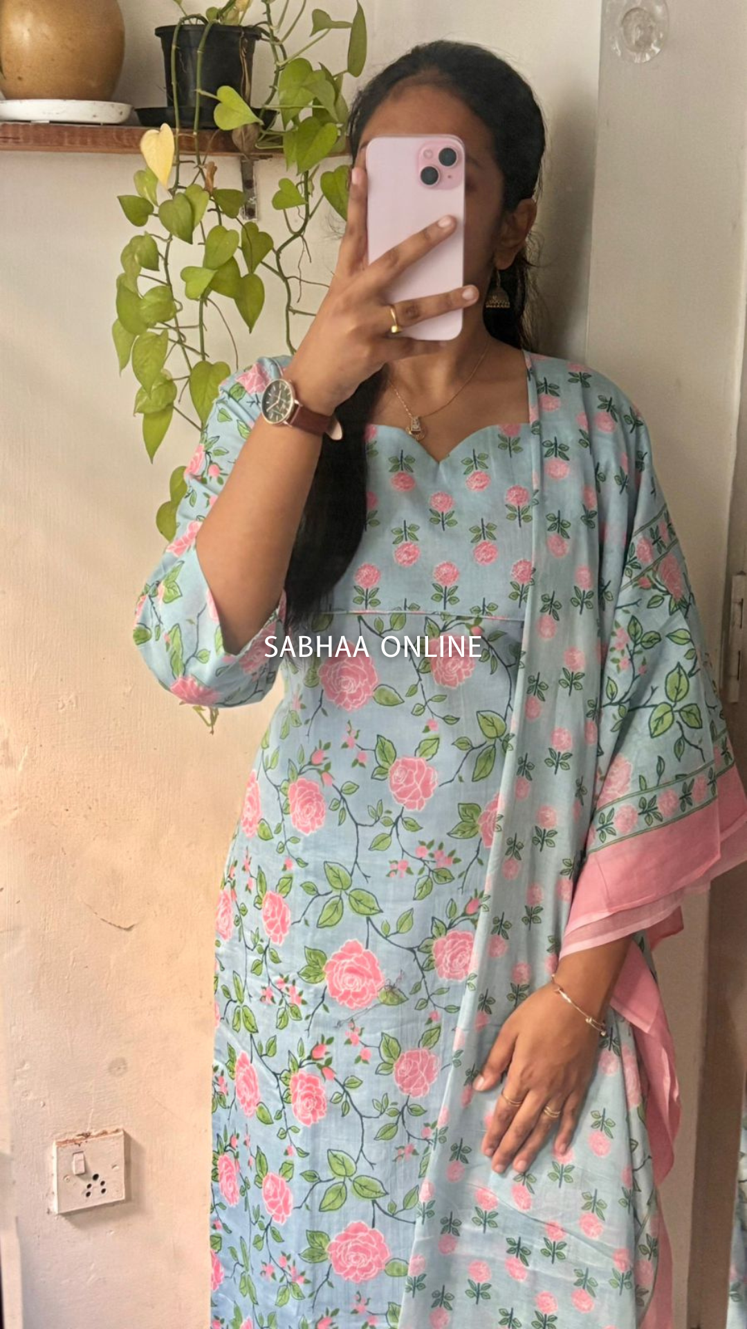 Nira - Sky blue Cotton kurti 3pc set with lining - Relaxed fit - LN 35