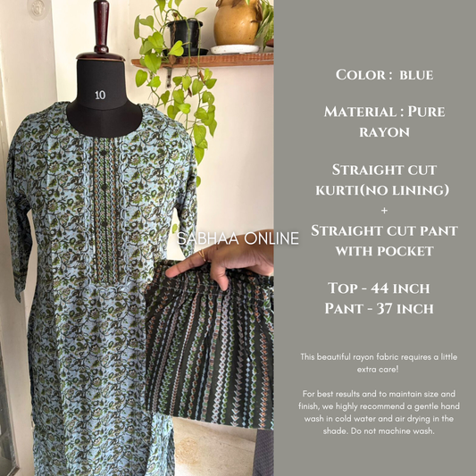 Blue Rayon Kurti pant set
