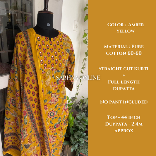 Dhrithi - Amber Yellow Cotton Kurti + dupatta set (Size L 40 only)