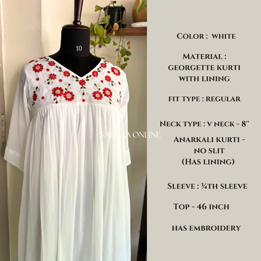 Monica - White Embroidered Georgette Anarkali kurti with lining - LN 16