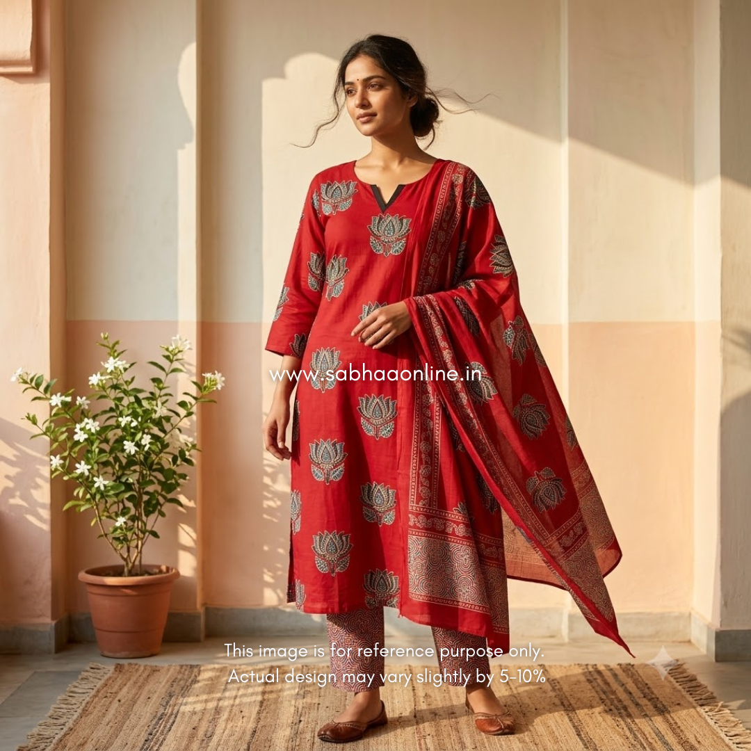 Vaijantha - Red Lotus Cotton kurti 3pc set with lining - LN 66